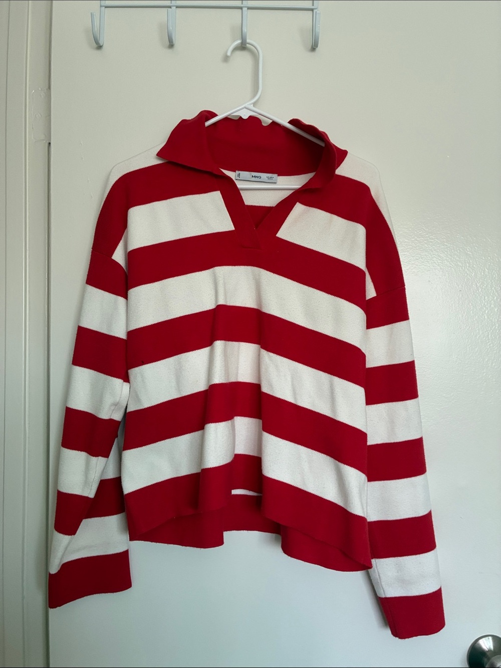 MANGO Striped Red & White V-Neck Sweater
